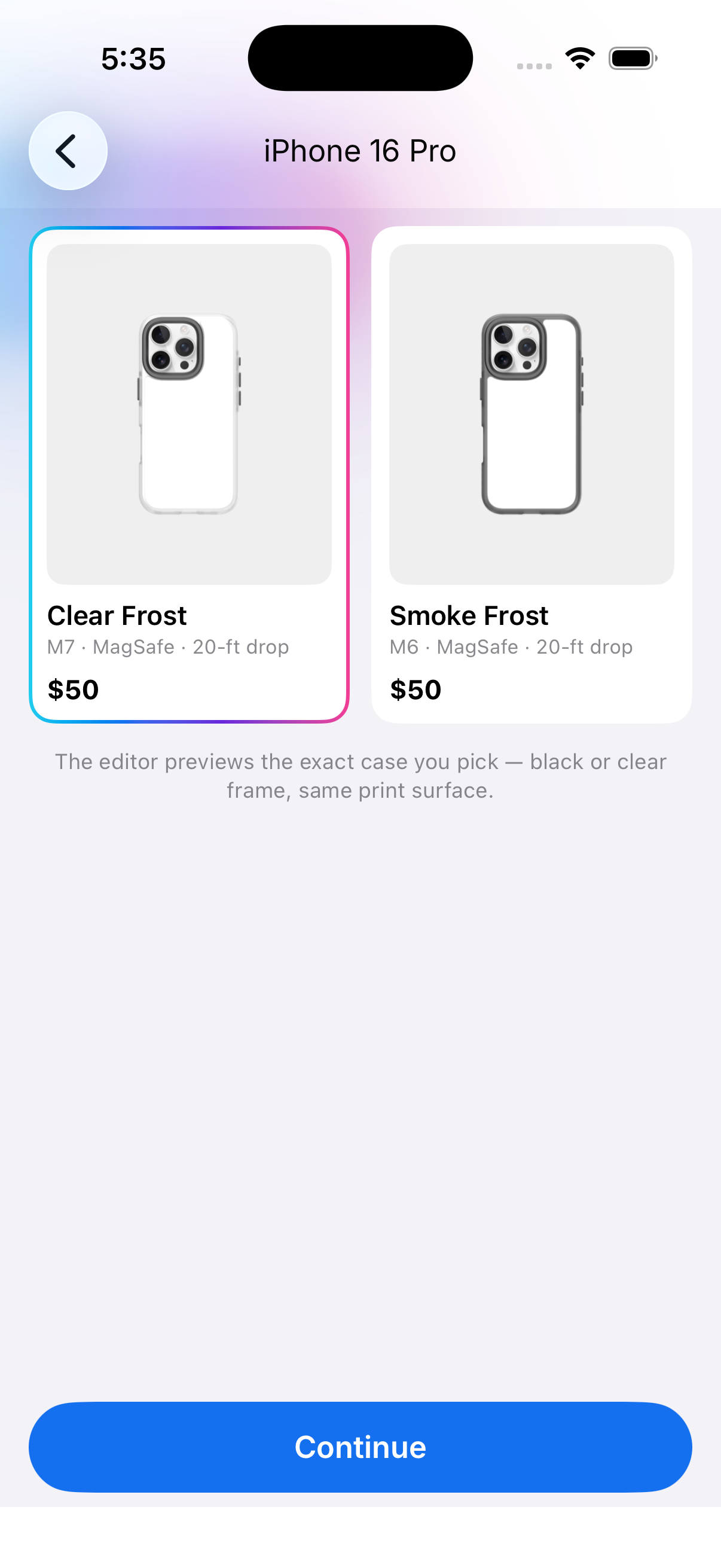 Finish cards for Smoke Frost and Clear Frost